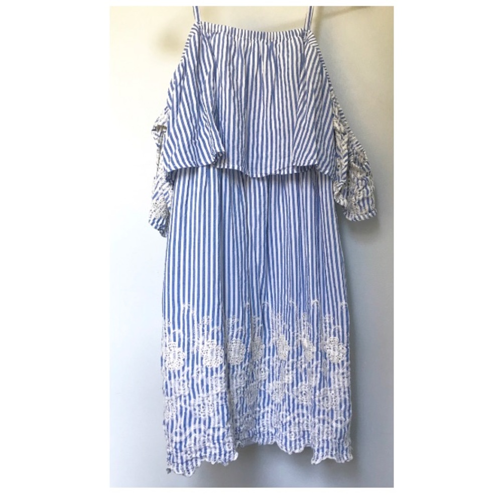 Embroidered Off-the-shoulder Pinstriped Dress